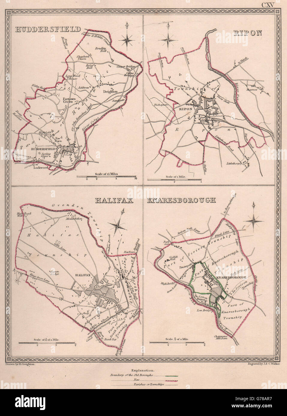 W YORKSHIRE VILLES. Huddersfield Ripon Knaresborough Halifax. CREIGHTON, 1835 map Banque D'Images