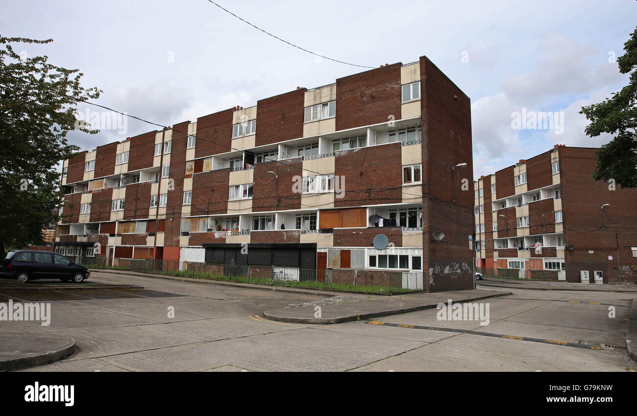 Une vision générale des unités de logement social dans le sud de Dublin, alors que les habitants de 20 des complexes de logement les plus décomposés du pays ont entrepris une lutte historique pour les conditions de vie de base en Europe. Banque D'Images