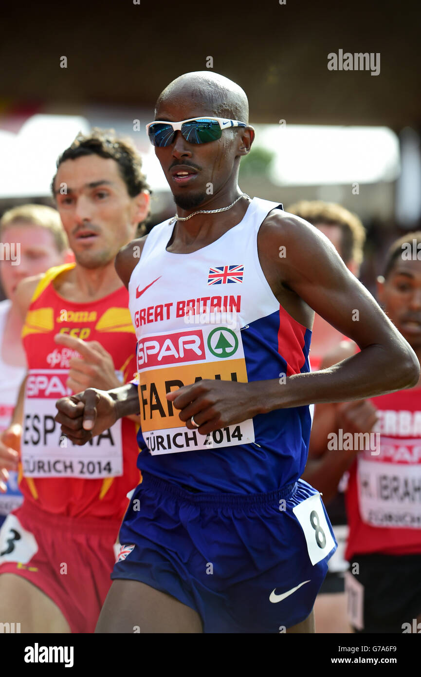 Mo Farah en Grande-Bretagne lors de la finale masculine de 5000m au cours du sixième jour des Championnats d'athlétisme européens 2014 au stade Letzigrund, Zurich. Banque D'Images