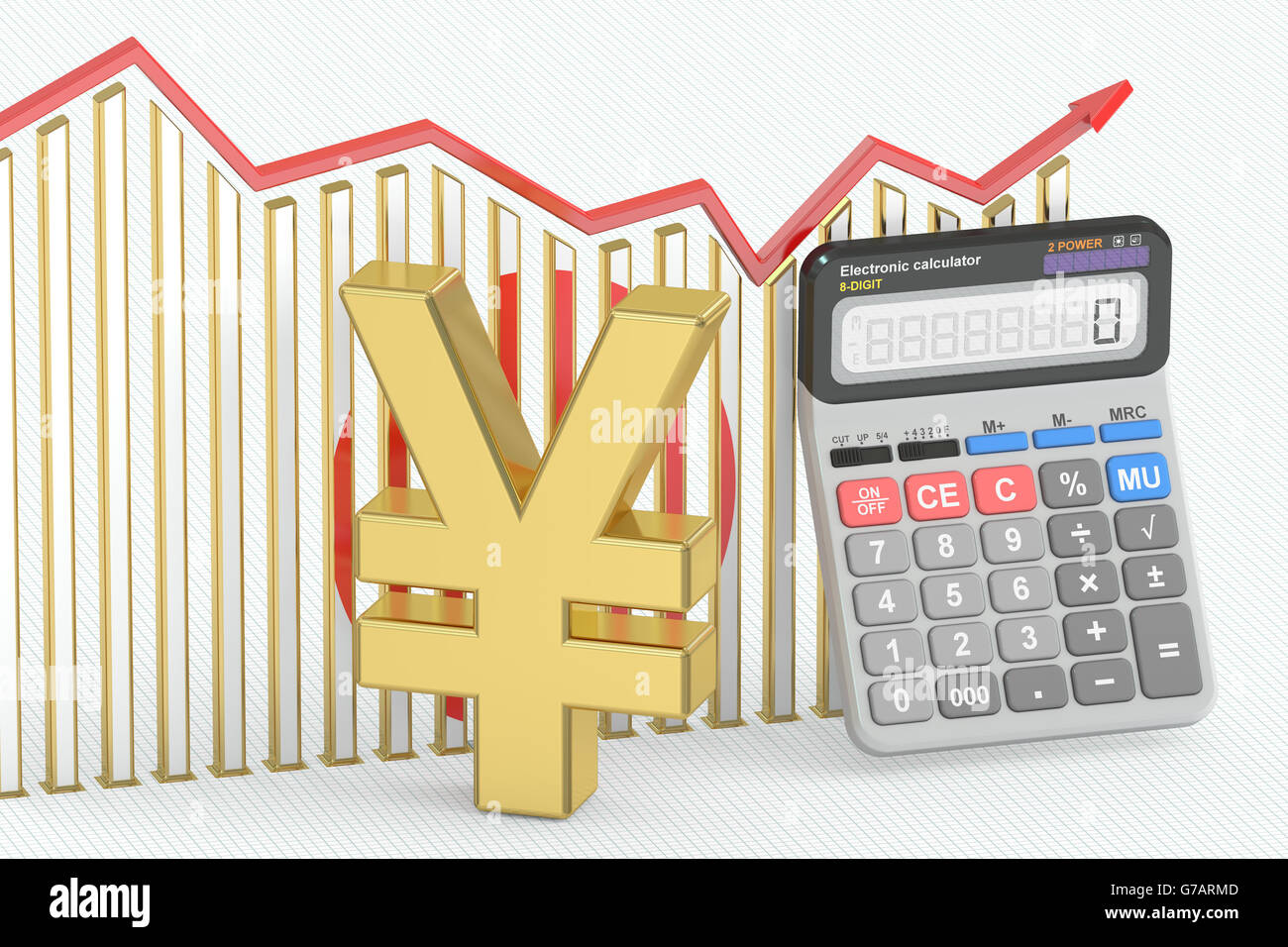 Business finance, banque et comptabilité graphique avec symbole du yen japonais et Calculatrice. Le rendu 3D Banque D'Images