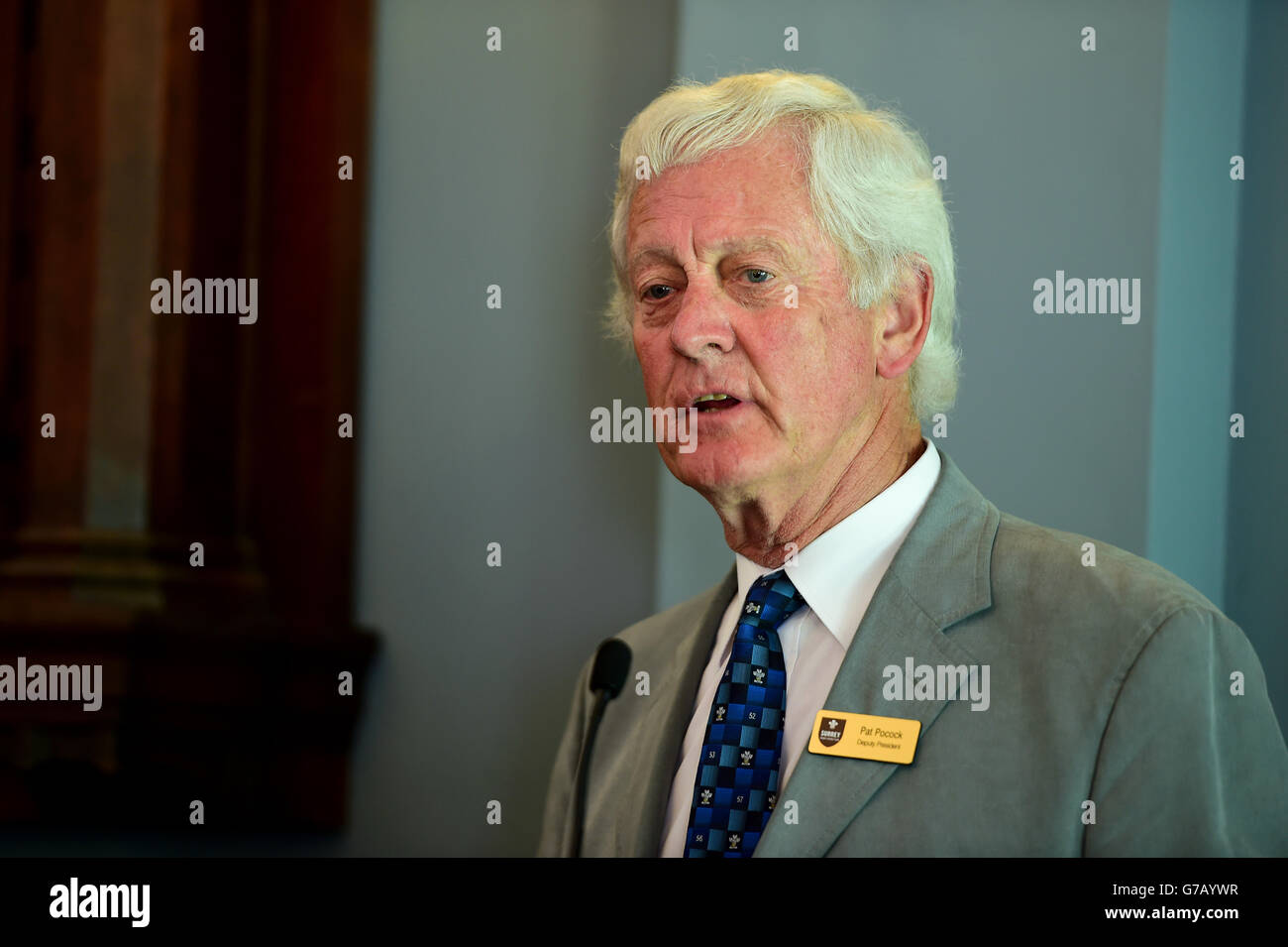 Pat Pocock, vice-président de Surrey, prononce un discours pour le Commémoration du début de la première Guerre mondiale Banque D'Images