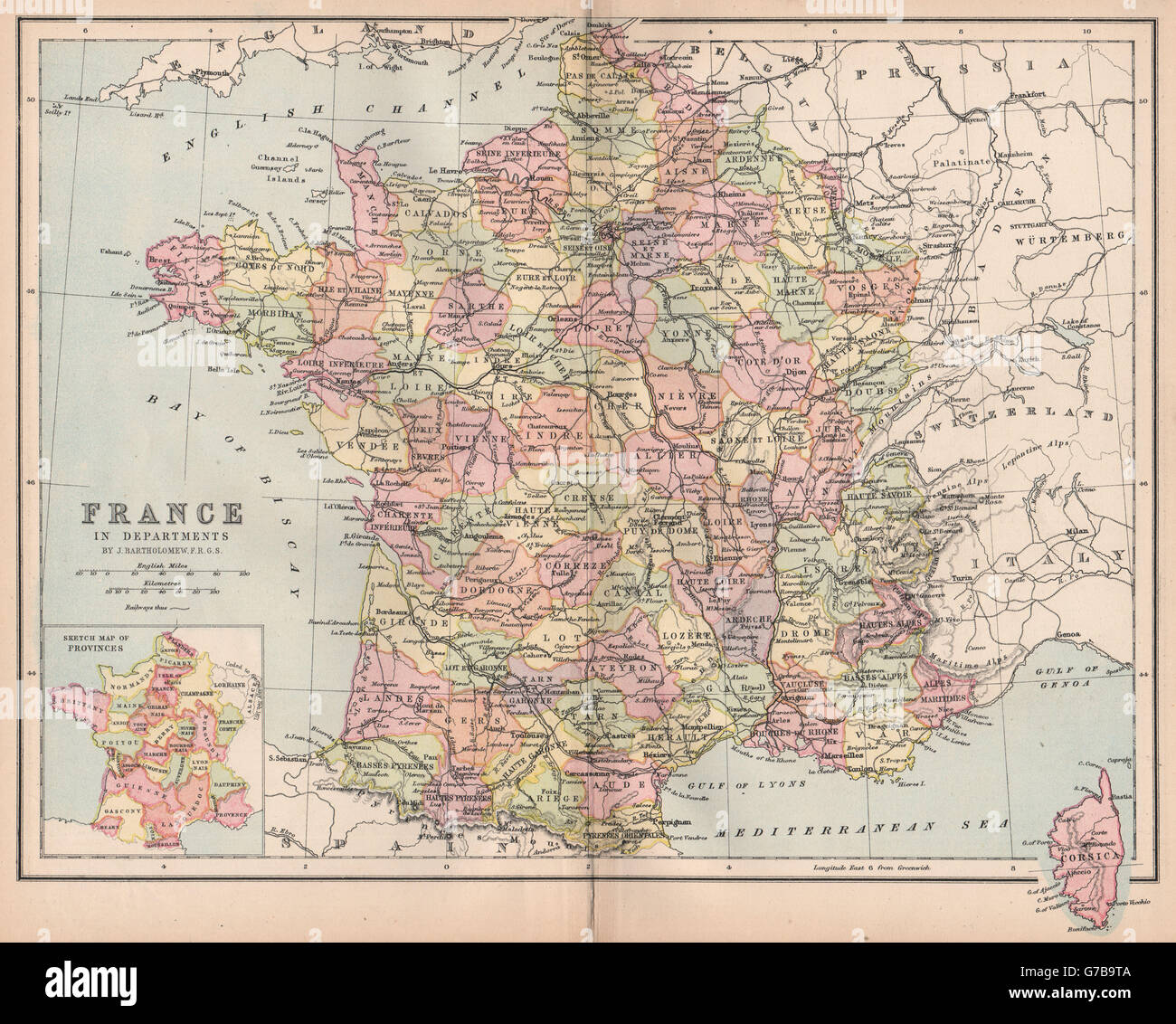 'France' dans les ministères. w/o Alsace Lorraine et Menton. BARTHOLOMEW, 1878 map Banque D'Images