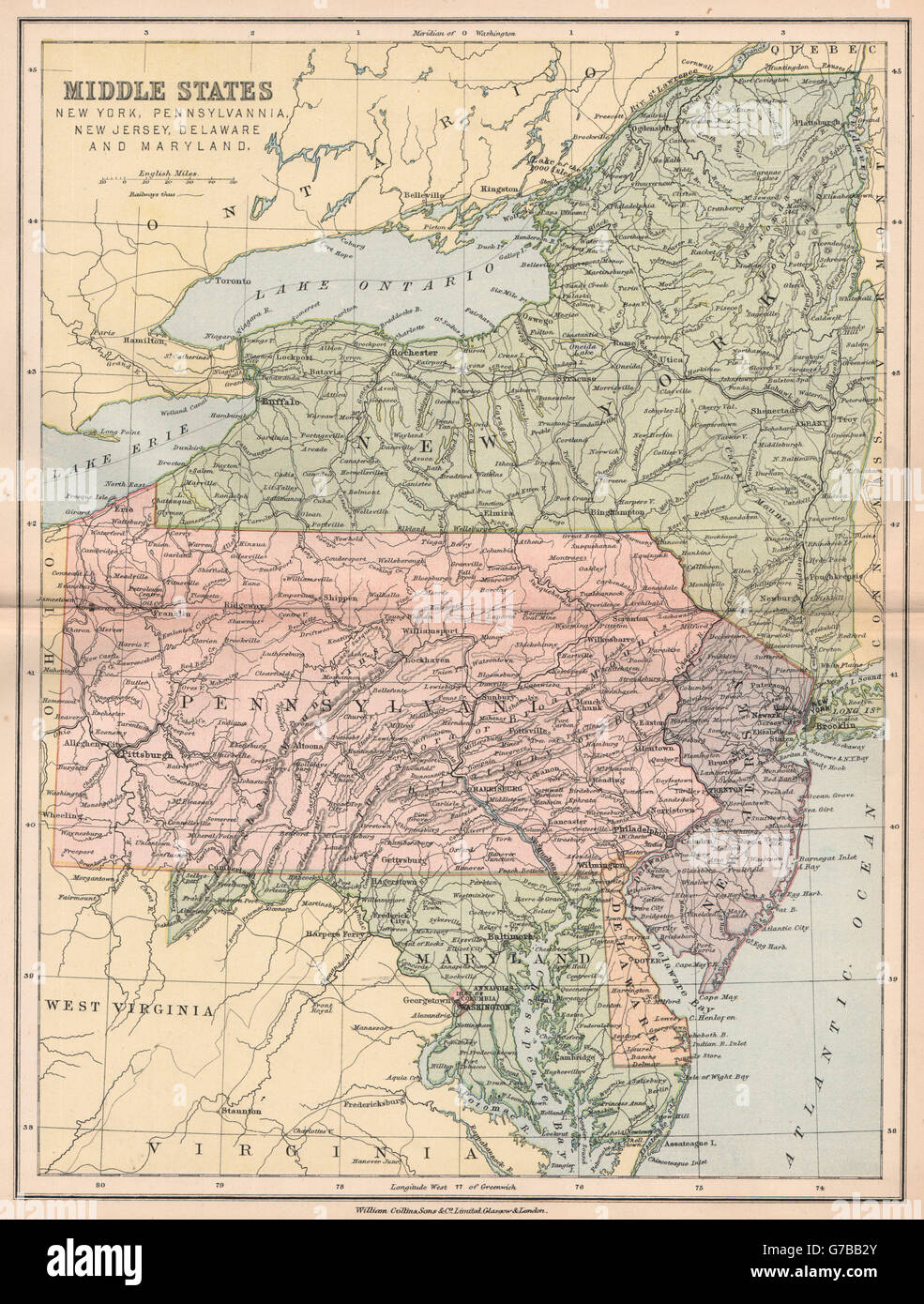 Etats-unis ATLANTIC STATES. New Jersey New York Pennsylvanie, Maryland DE 1878 map Banque D'Images