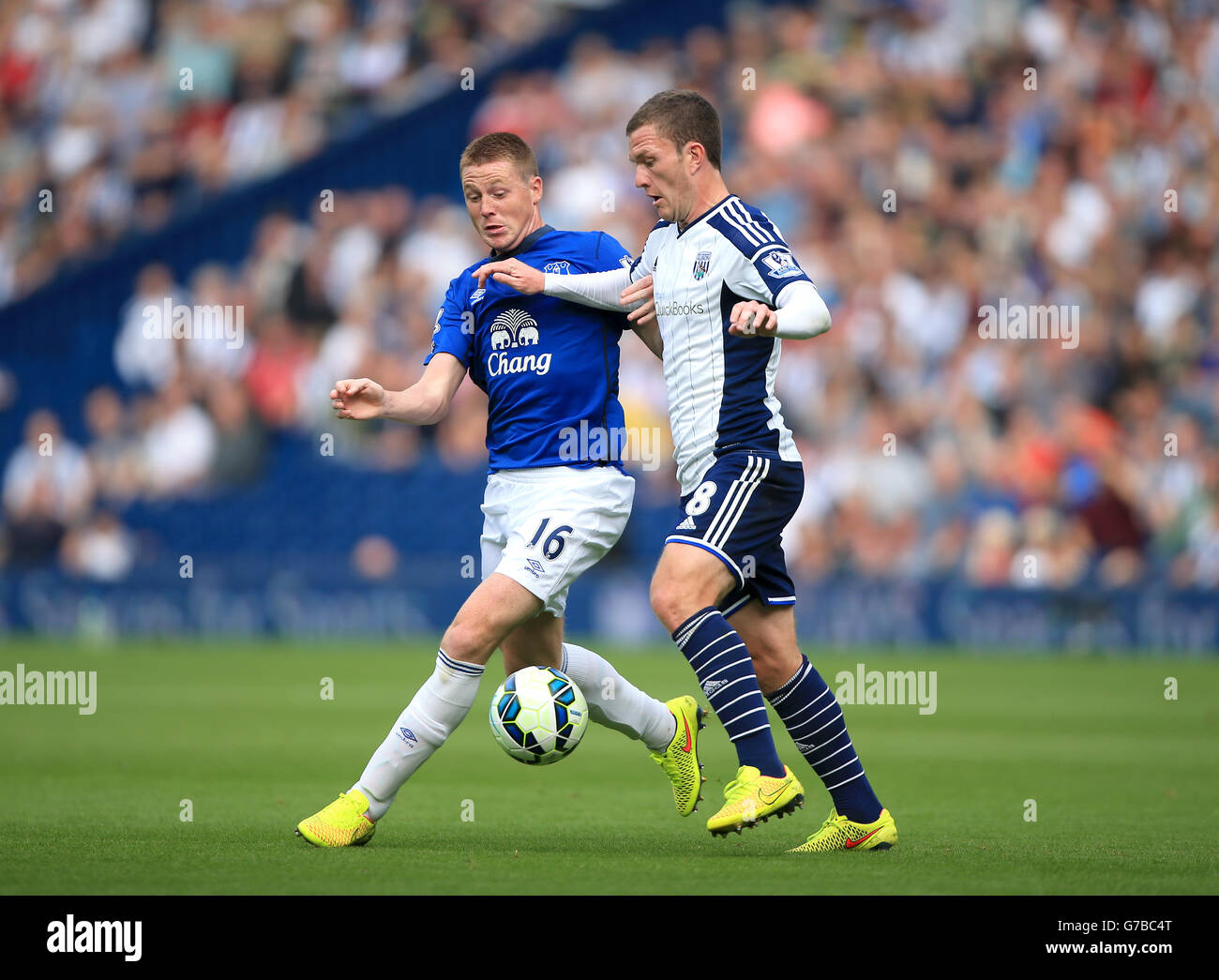 James McCarthy d'Everton lutte pour le ballon avec Craig Gardner de West Bromwich Albion lors du match de la Barclays Premier League aux Hawthorns, West Bromwich.APPUYEZ SUR ASSOCIATION photo.Date de la photo: Samedi 13 septembre 2014.Voir PA Story FOOTBALL West Bromm.Le crédit photo devrait se lire comme suit : Nick Potts/PA Wire. Banque D'Images