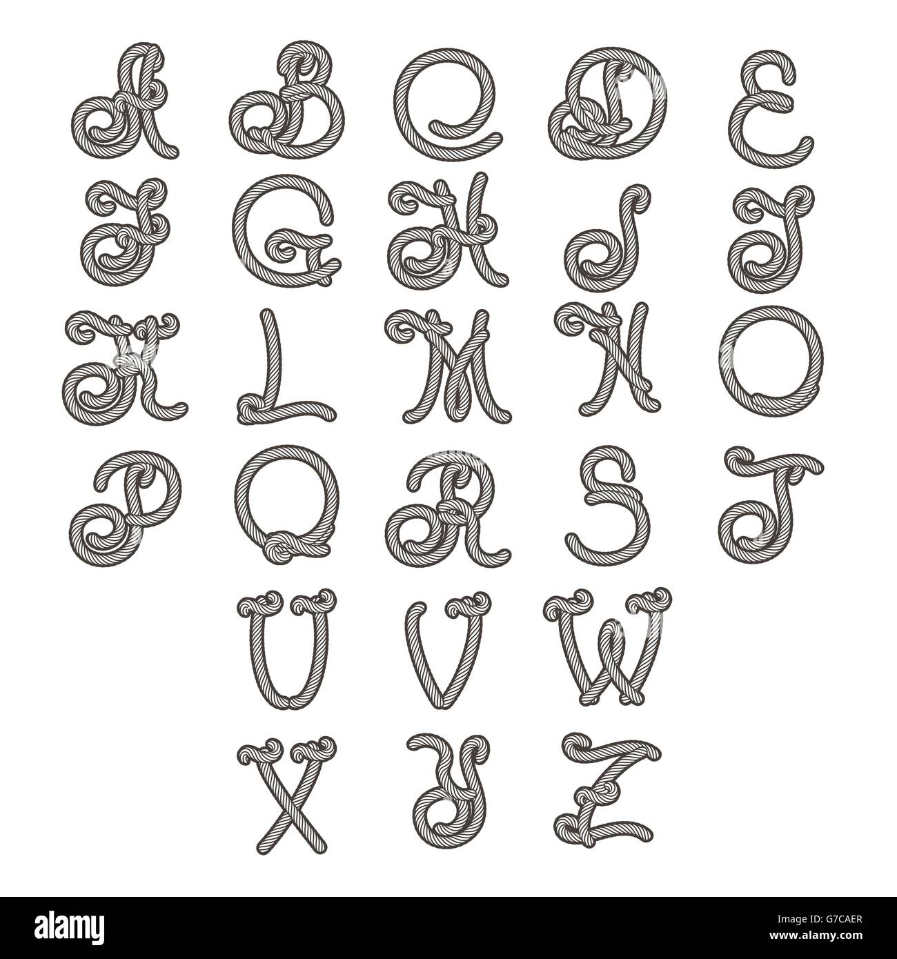 Police à la main en forme de cordes. Toutes les lettres isolé sur blanc. Illustration de Vecteur