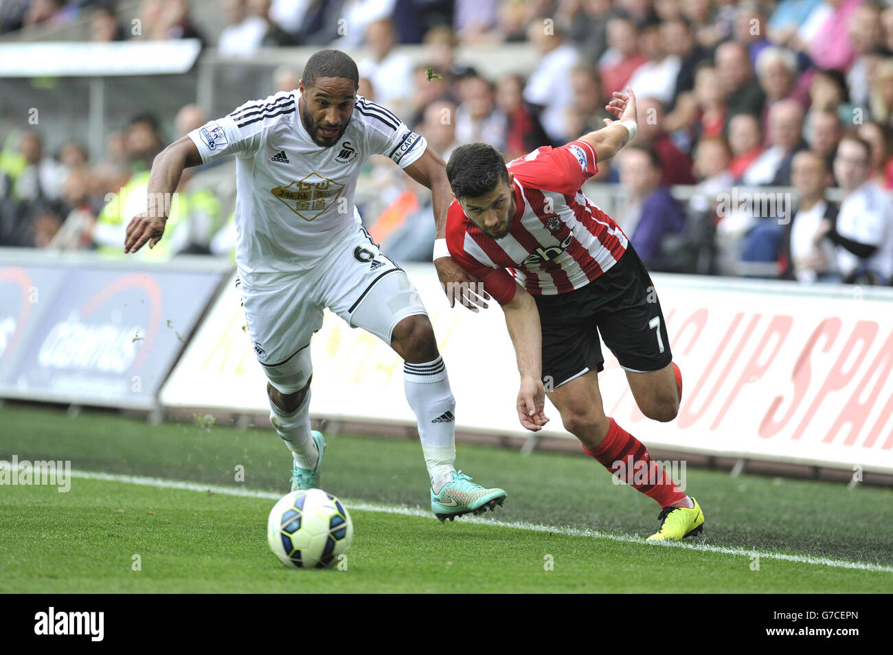 Ashley Williams de Swansea City et Shane long de Southampton lors du match de la Barclays Premier League au Liberty Stadium, Swansea. APPUYEZ SUR ASSOCIATION photo. Date de la photo: Samedi 20 septembre 2014. Voir PA Story FOOTBALL Swansea. Le crédit photo devrait indiquer : PA Wire. Ne pas utiliser avec les fichiers audio, vidéo, données, présentoirs ou club/ligue non officiels Banque D'Images