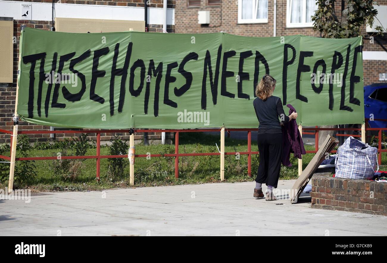 Les partisans du groupe d'action Focus E15 les mamans occupent 80-86 Doran Walk sur le Carpenters Housing Estate, sur le périmètre du parc olympique Queen Elizabeth, Stratford, Londres. Banque D'Images