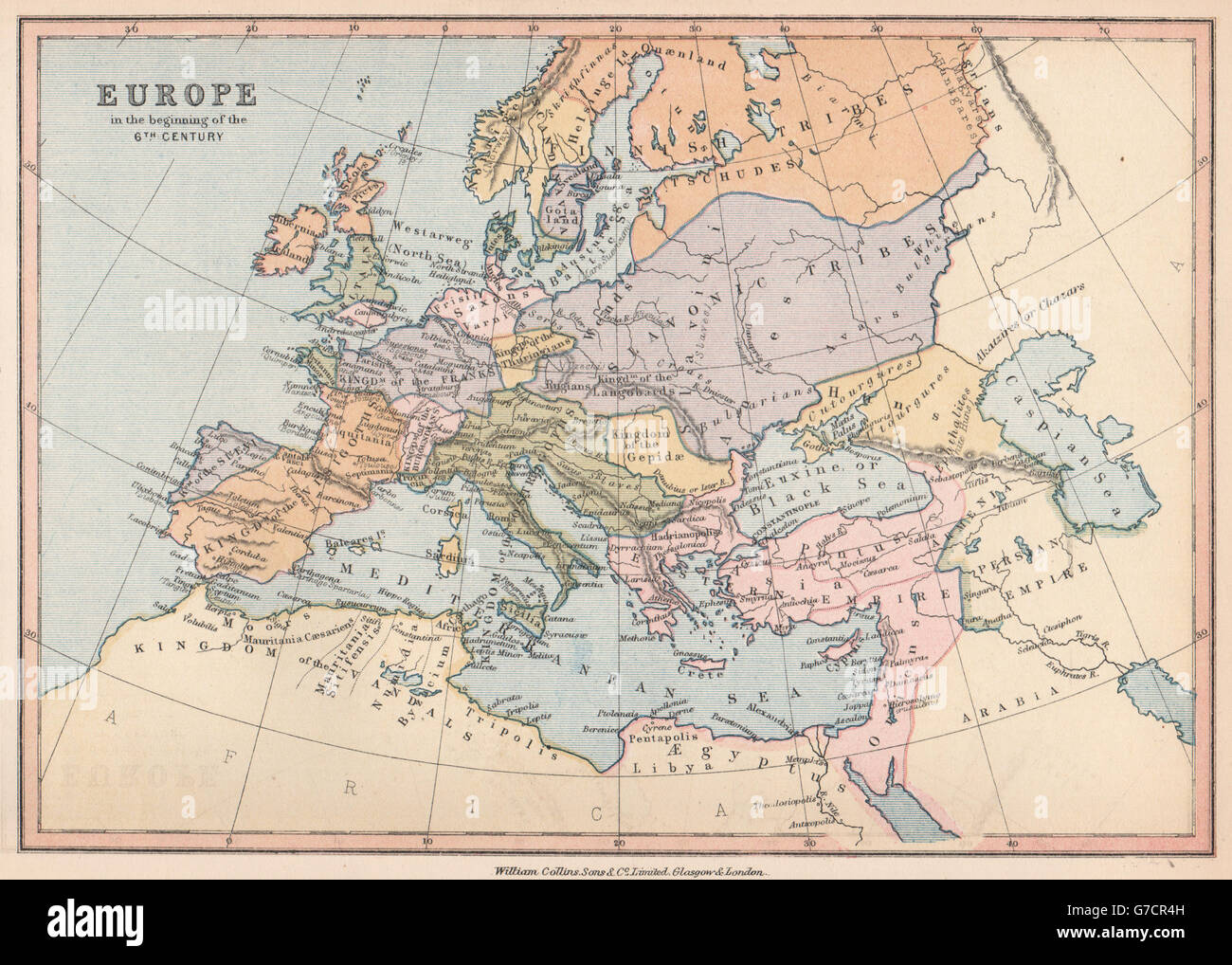 'L'Europe dans le début du 6ème siècle". BARTHOLOMEW, 1878 carte antique Banque D'Images