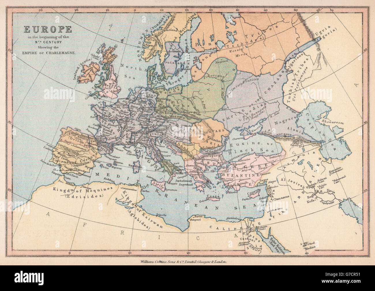 EMPIRE DE CHARLEMAGNE. 'L'Europe dans le début du 9ème siècle', 1878 map Banque D'Images