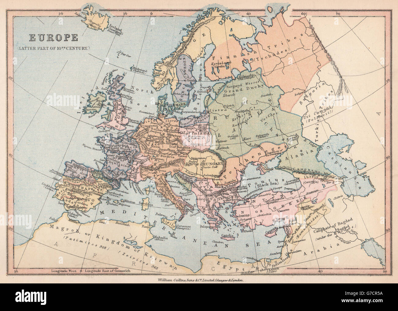 "L'Europe (dernière partie du 10ème siècle)". BARTHOLOMEW, 1878 carte antique Banque D'Images