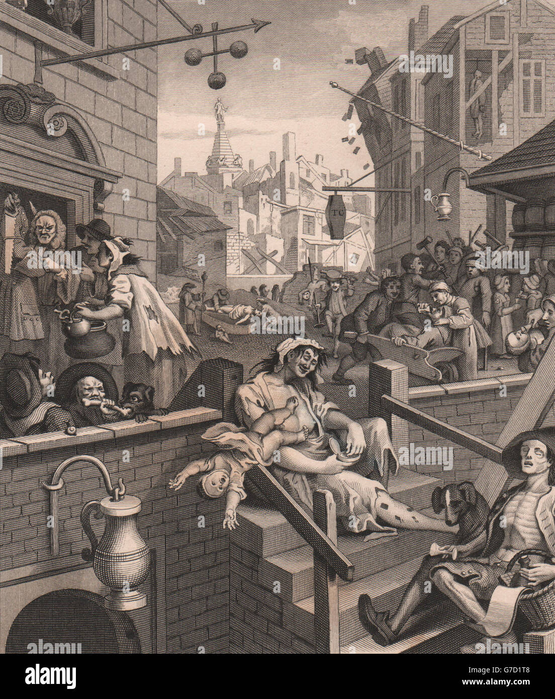 BEER STREET & GIN LANE. 'Gin Lane". Après William Hogarth, antique print 1833 Banque D'Images