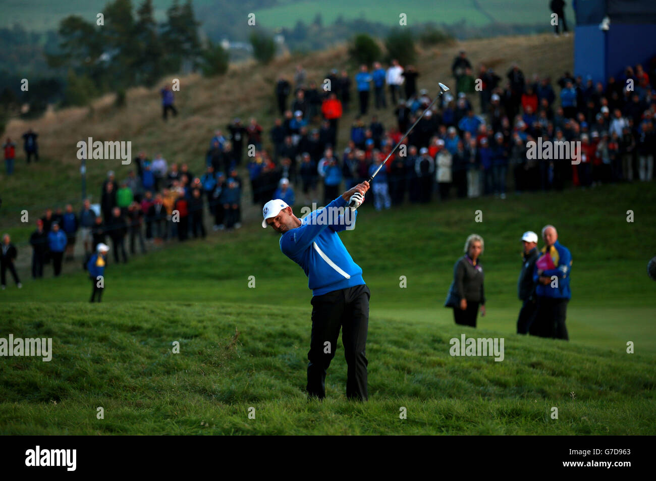 Golf - 40ème Ryder Cup - Premier jour - Gleneagles.Sergio Garcia d'Europe pendant le match des foursomes pendant le premier jour de la 40ème Ryder Cup au Gleneagles Golf course, Perthshire. Banque D'Images