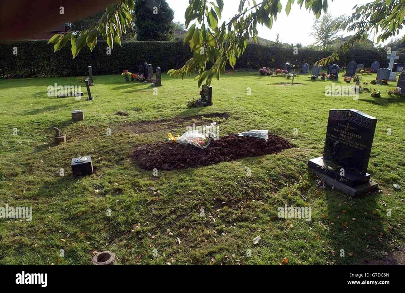 La tombe de Hammond avec un bouquet de fleurs à l'église Saint-Pierre, Yoxall ce soir.Les détectives qui enquêtaient sur la profanation de la tombe de Gladys Hammond, 82 ans, ont confirmé que la plupart de ses restes avaient été volés.La police du Staffordshire a révélé qu'au moins deux personnes étaient impliquées dans l'excavation de la tombe de Gladys Hammond, dont la famille avait été ciblée par des extrémistes des droits des animaux. Banque D'Images