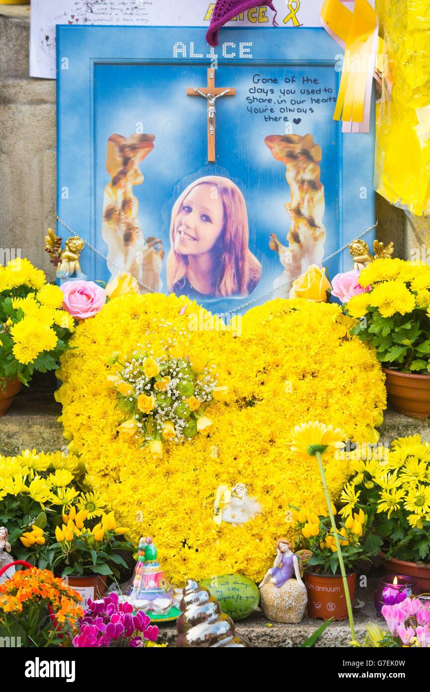 Hommages à la mémoire de l'adolescente Alice Gross assassinée à la tour de l'horloge de Hanwell alors que la circulation s'arrêtait et que les habitants de la région venaient rendre hommage à Hanwell, dans l'ouest de Londres, alors que son cortège funéraire passait par un escorte de police. Banque D'Images Hommages à la mémoire de l'adolescente Alice Gross assassinée à la tour de l'horloge de Hanwell alors que la circulation s'arrêtait et que les habitants de la région venaient rendre hommage à Hanwell, dans l'ouest de Londres, alors que son cortège funéraire passait par un escorte de police. Banque D'Images