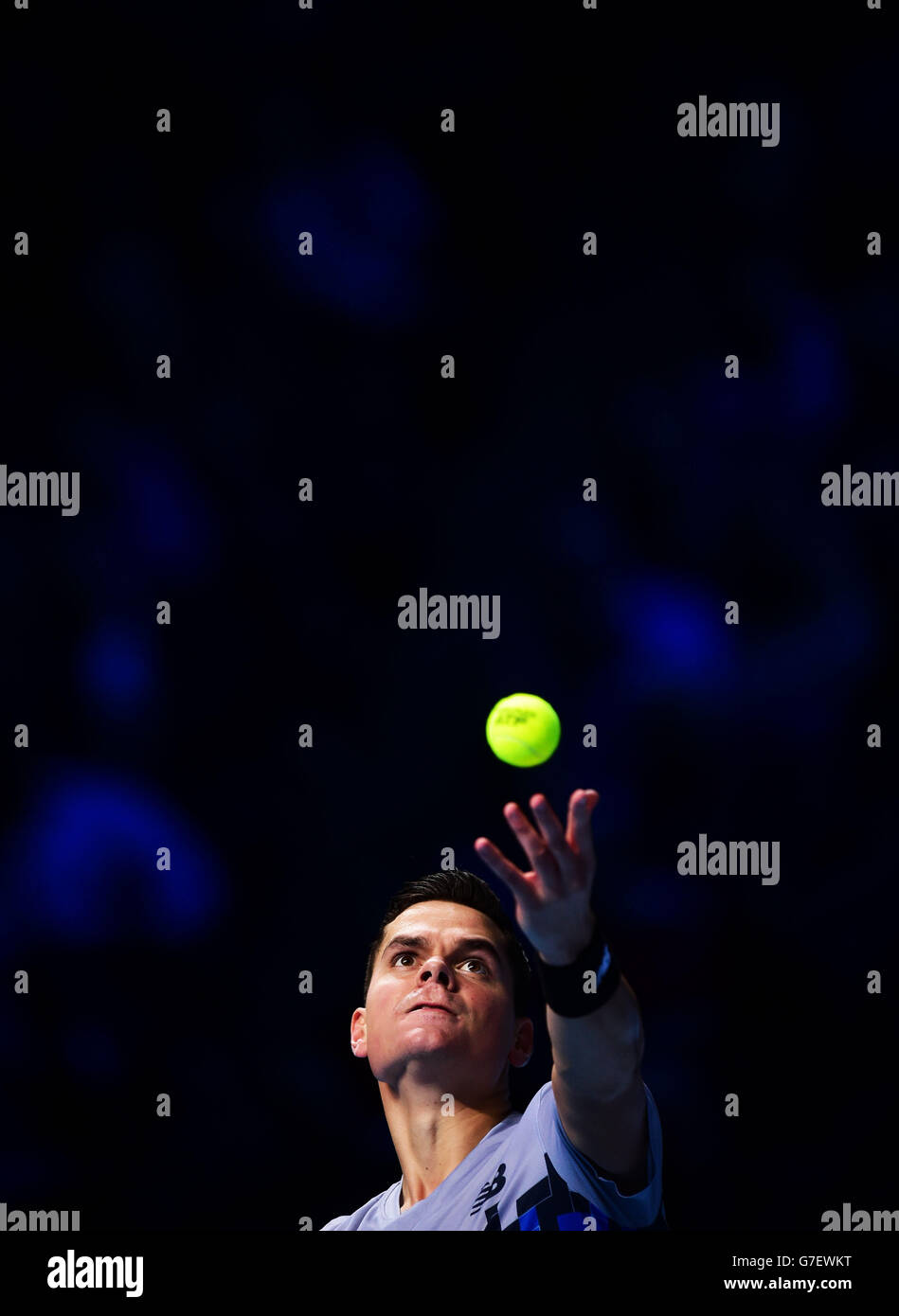 Milos Raonic du Canada pendant les finales du Barclays ATP World Tour à l'O2 Arena, Londres. APPUYEZ SUR ASSOCIATION photo. Date de la photo: Mardi 11 novembre 2014. Voir PA Story TENNIS Londres. Le crédit photo doit indiquer Adam Davy/PA Wire. Banque D'Images