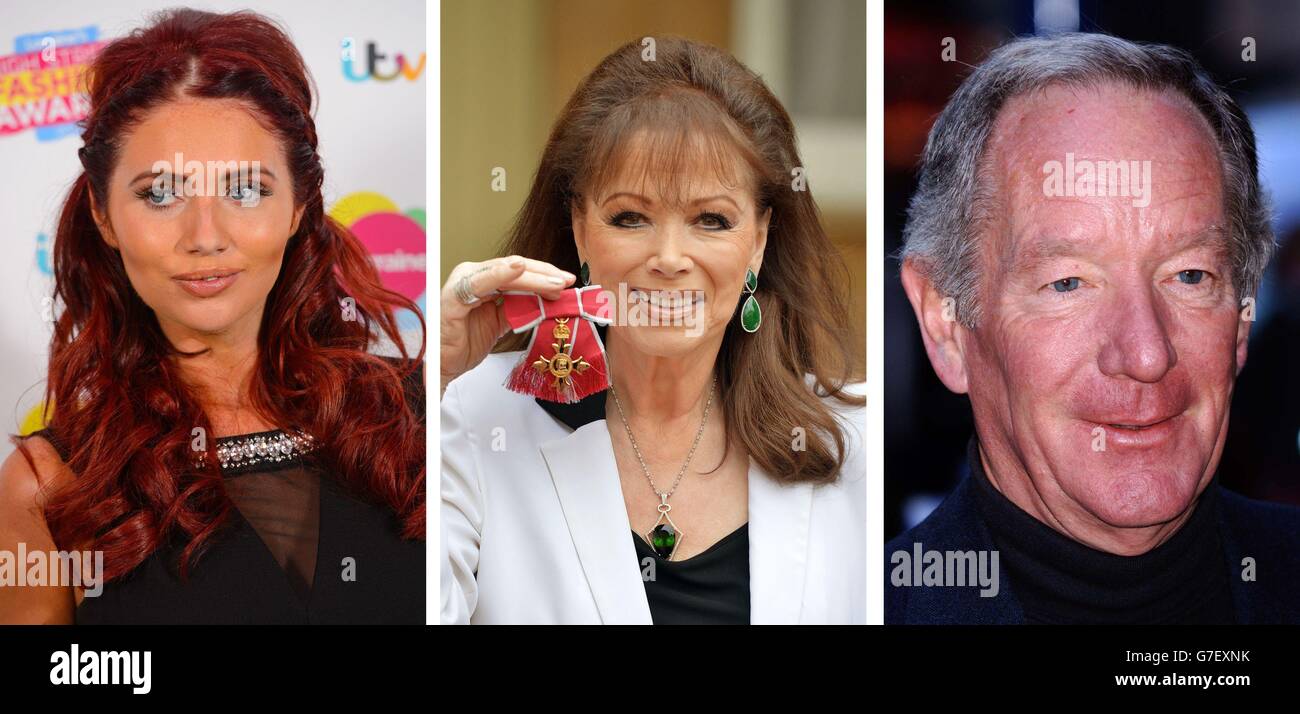 Photos de (de gauche) Amy Childs, Jackie Collins et Michael Buerk. Banque D'Images