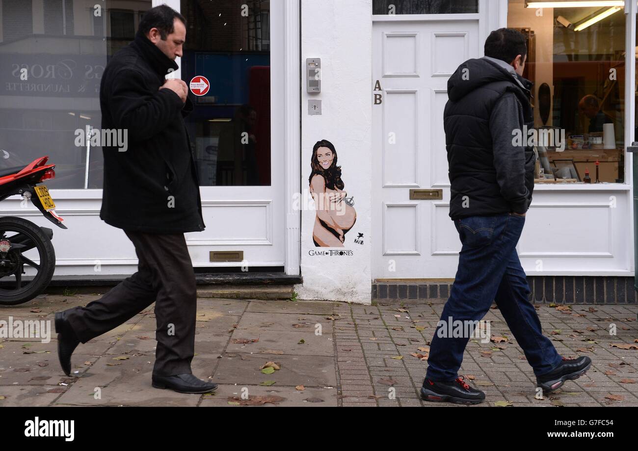 Graffiti représentant une duchesse enceinte de Cambridge par les artistes Pegasus est vu sur un mur sur la route Caledonian dans le nord de Londres. Banque D'Images