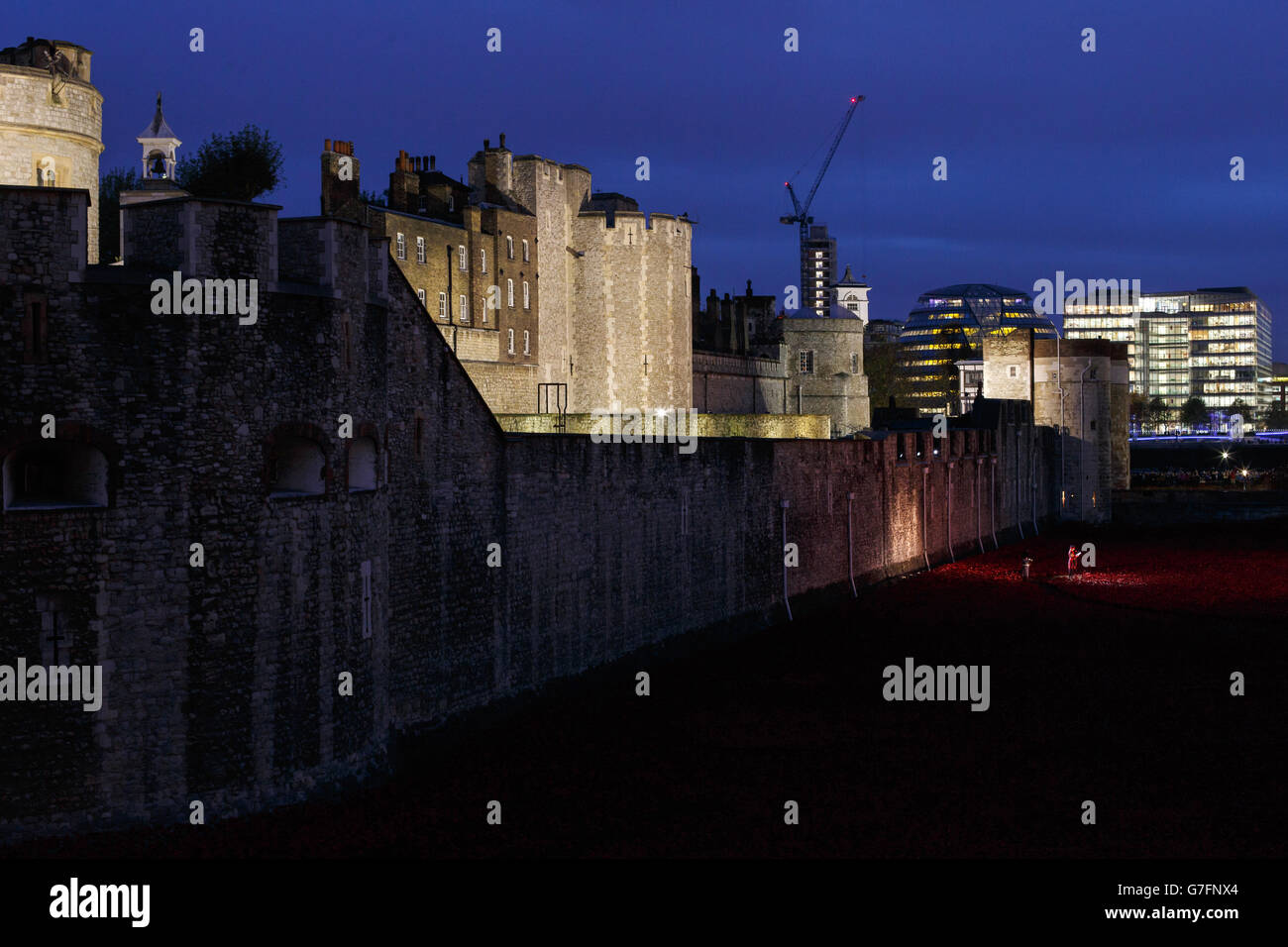 Un guerrier yéoman lit certains des noms des soldats du Commonwealth qui ont été tués au cours de la première Guerre mondiale, se tenant parmi les coquelicots des terres balayées par le sang et des Mers of Red' Poquelicots installation à la Tour de Londres, centre de Londres. Banque D'Images