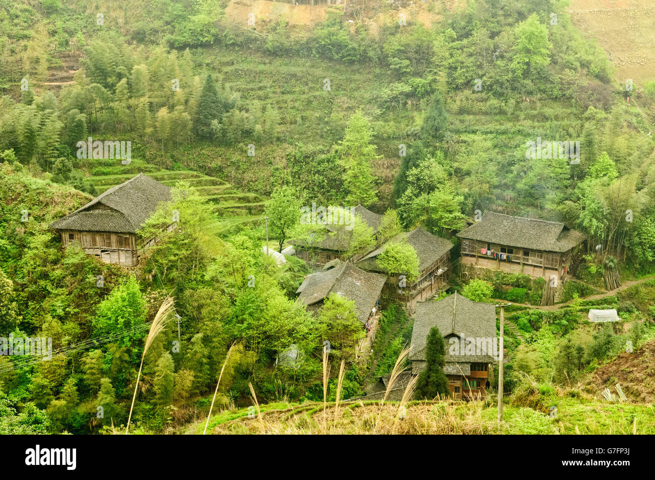 Maisons traditionnelles de la minorité Yao Ping'An, près de la région autonome du Guangxi, Chine Banque D'Images
