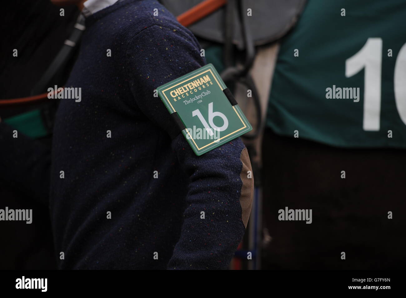 Courses hippiques - The Open - deuxième jour - Hippodrome de Cheltenham. Détail d'un numéro de cheval à l'hippodrome de Cheltenham. Banque D'Images