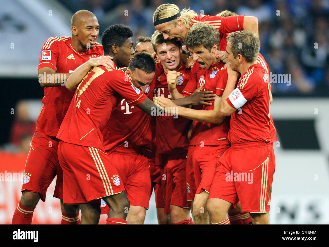 FC Bayern célébrer après le 0:2 but par Thomas Mueller, Bundesliga, ligue fédéral allemand, le FC Schalke 04 - FC Bayern Banque D'Images