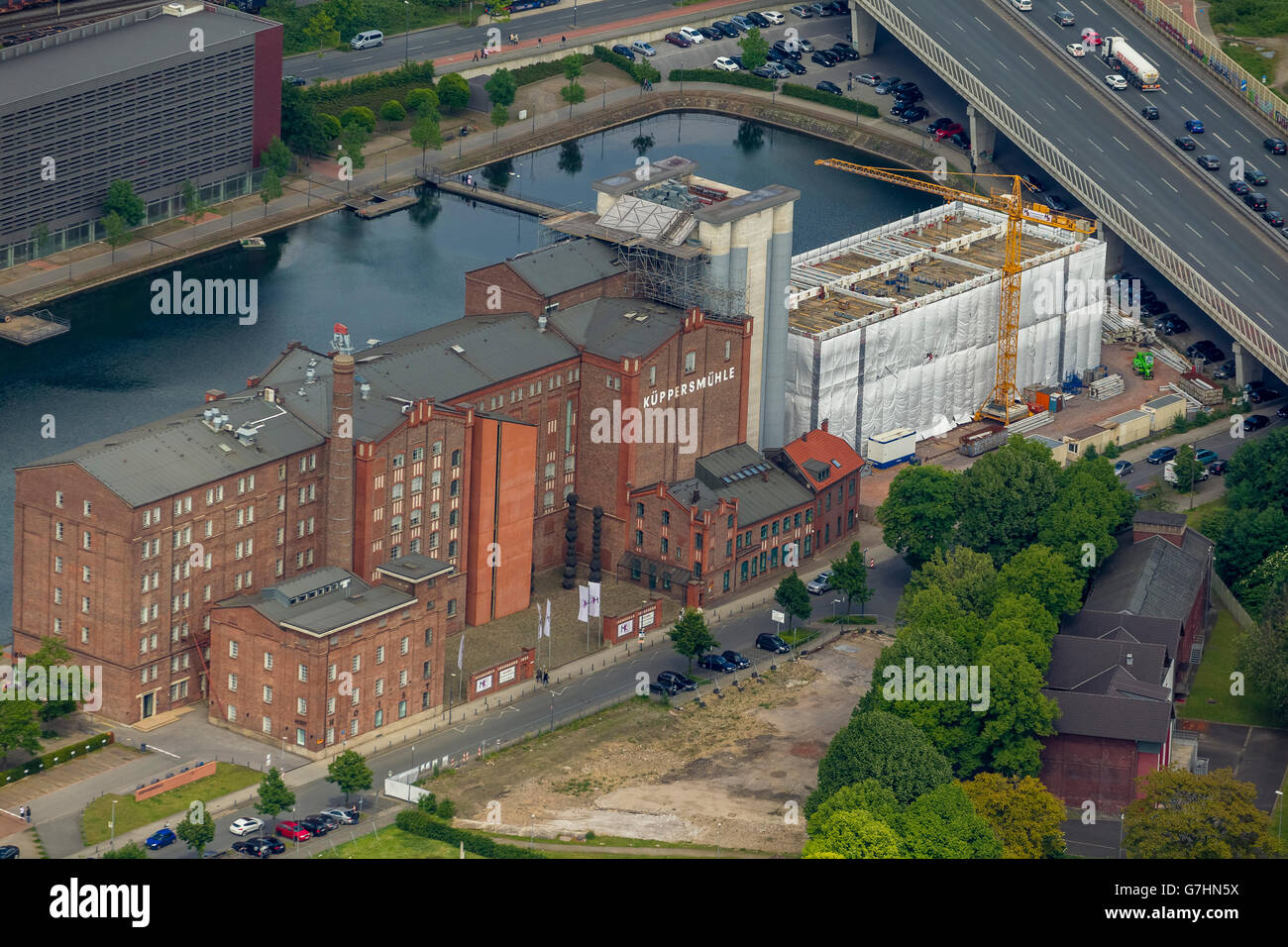 Vue aérienne, Küppersbusch museum, bâtiment catastrophe de la Küppersmühle, démantèlement, Duisburg, Ruhr, Rhénanie du Nord-Westphalie Banque D'Images