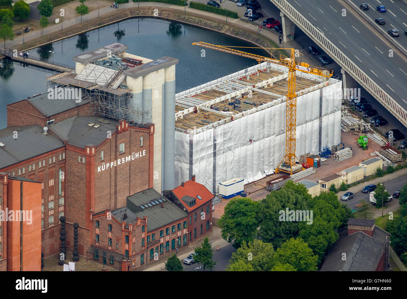 Vue aérienne, Küppersbusch museum, bâtiment catastrophe de la Küppersmühle, démantèlement, Duisburg, Ruhr, Rhénanie du Nord-Westphalie Banque D'Images
