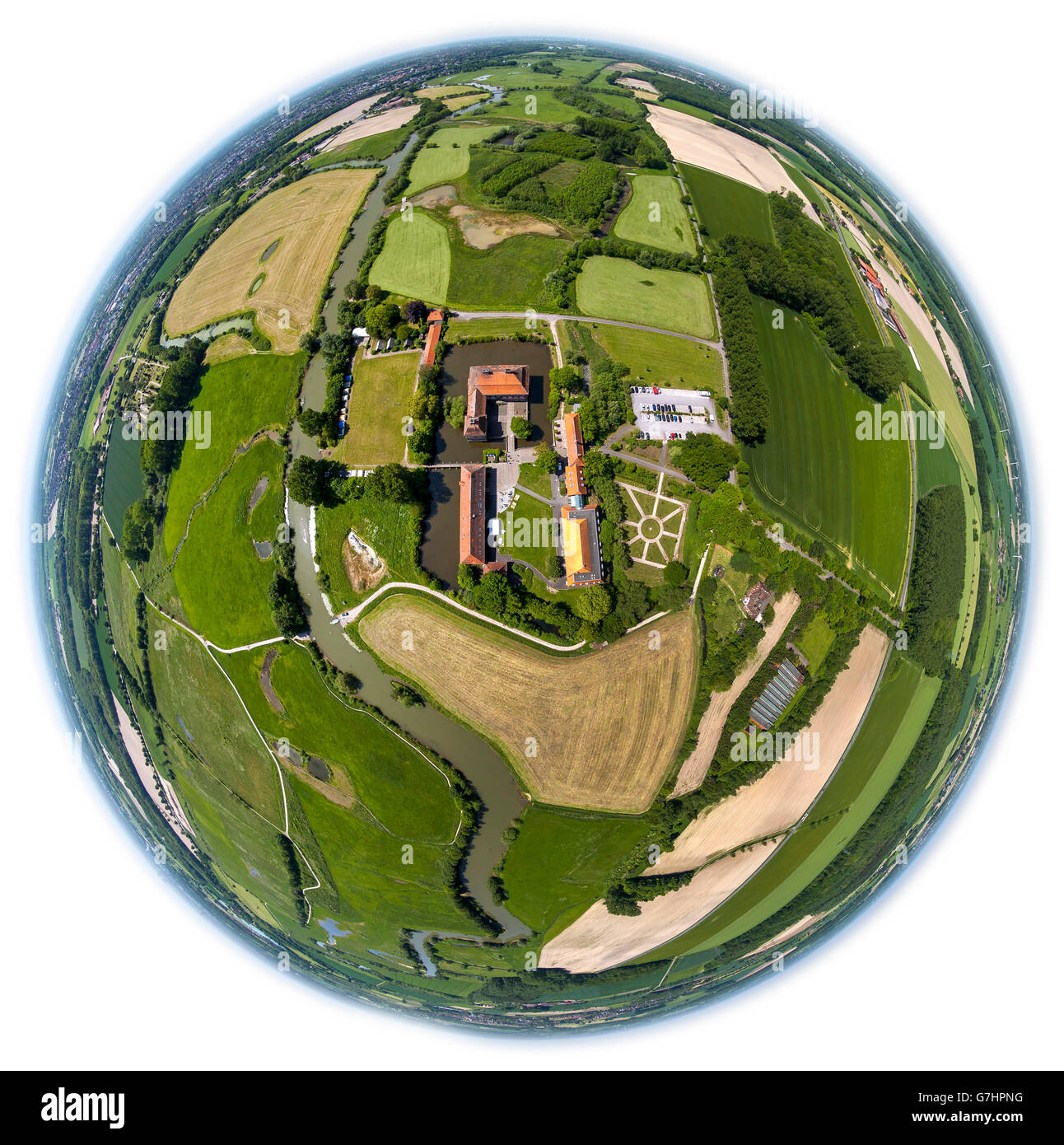 Vue aérienne, Schloss Oberwerries, château à douves, Lippeauen, réserve naturelle, siège de la fédération sportive Banque D'Images