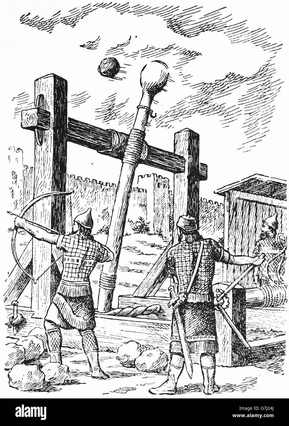 L'artillerie médiévale, illustration de livre soviétique datée 1953 Banque D'Images