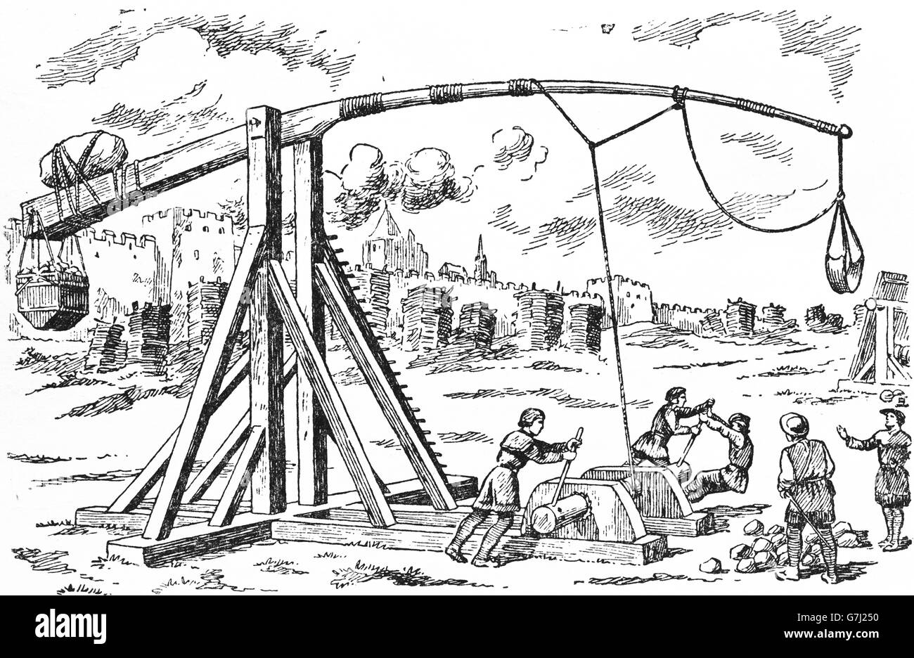 L'artillerie médiévale, illustration de livre soviétique datée 1953 Banque D'Images