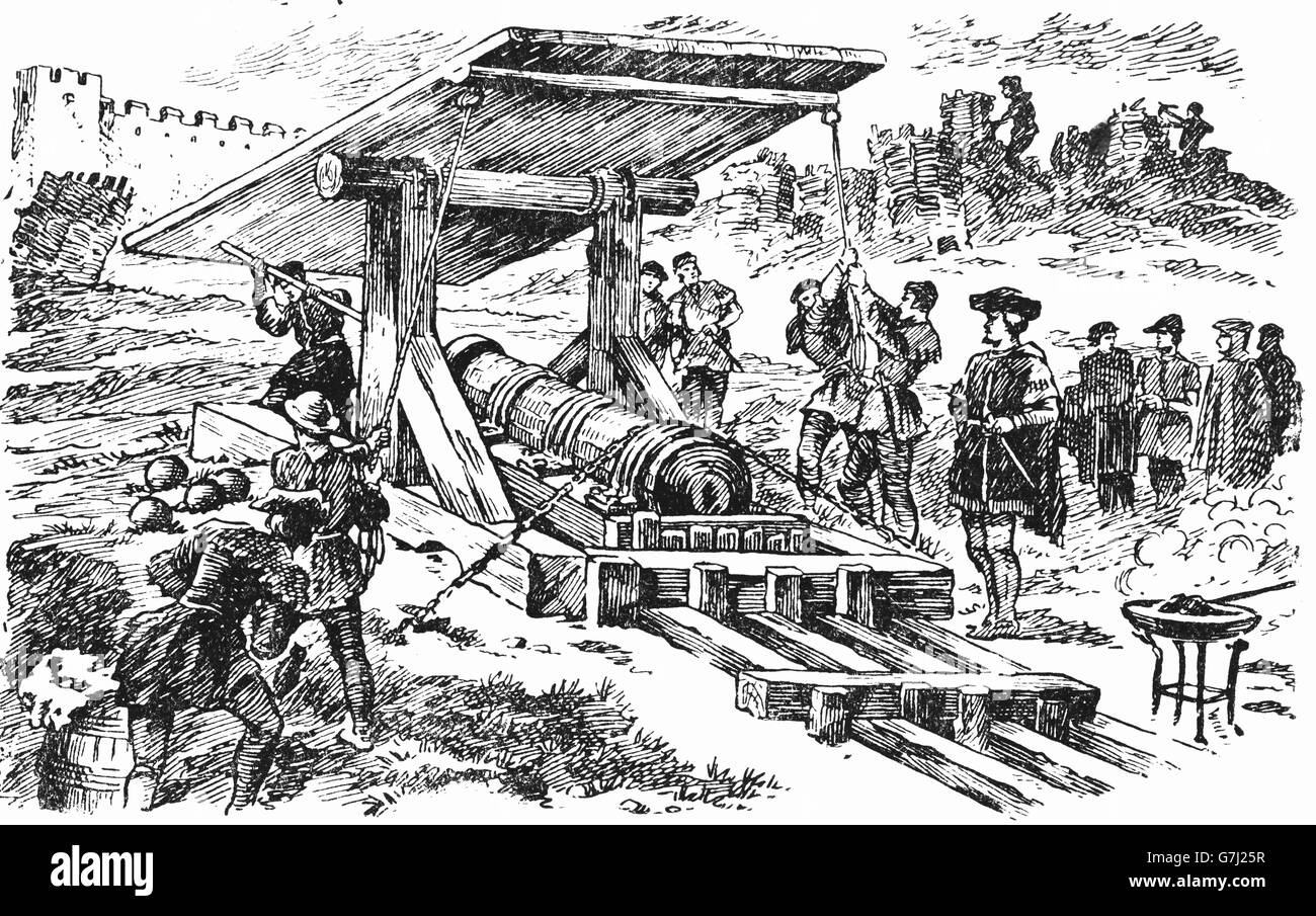 L'artillerie médiévale, illustration de livre soviétique datée 1953 Banque D'Images