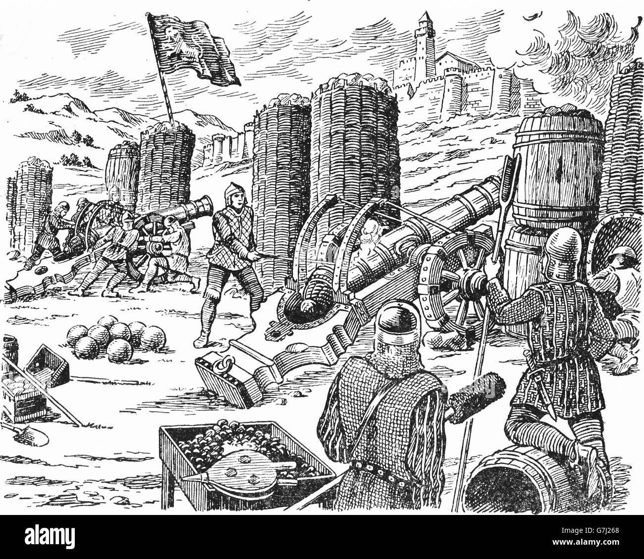 L'artillerie médiévale, illustration de livre soviétique datée 1953 Banque D'Images