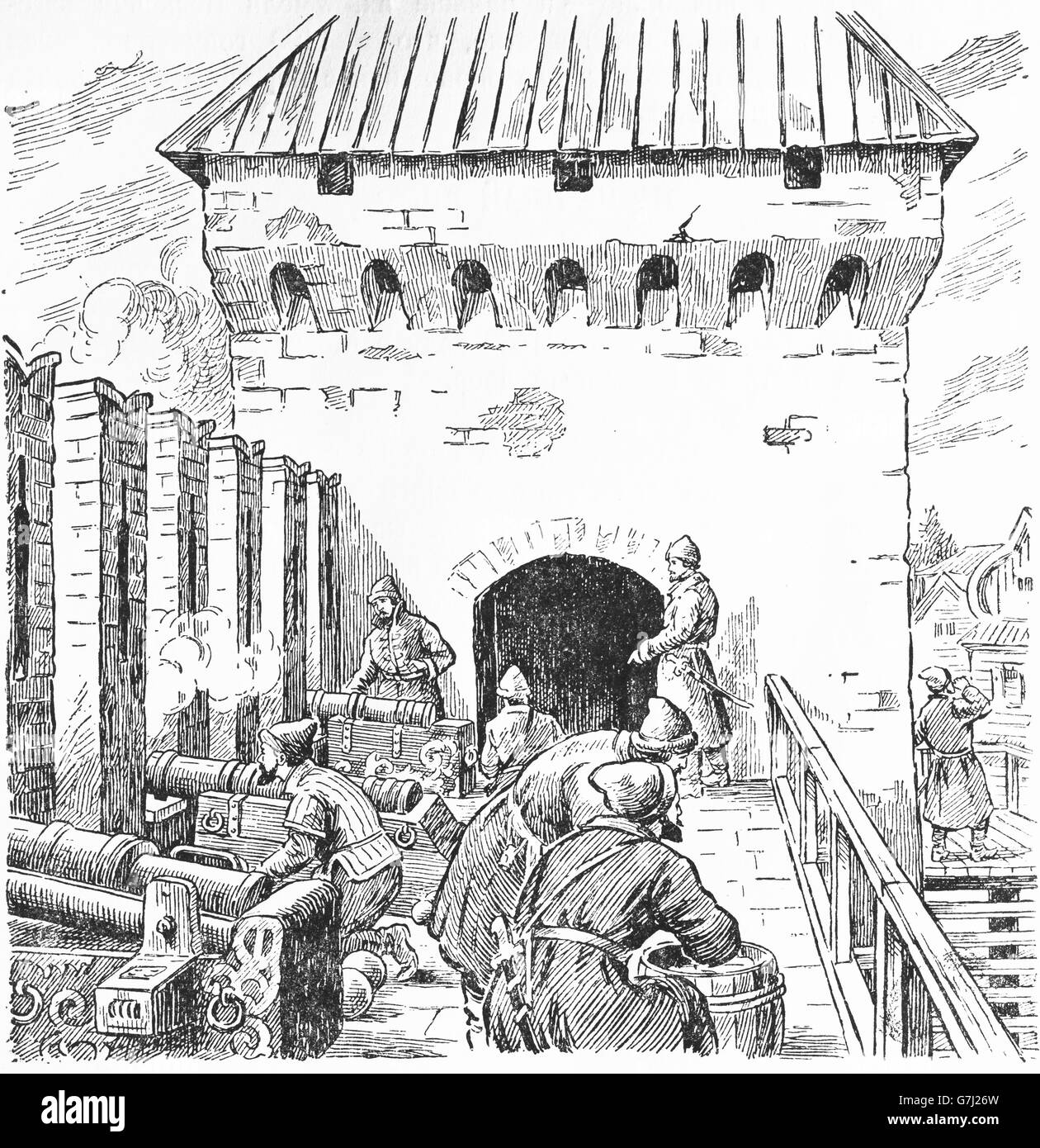 L'artillerie médiévale, illustration de livre soviétique datée 1953 Banque D'Images