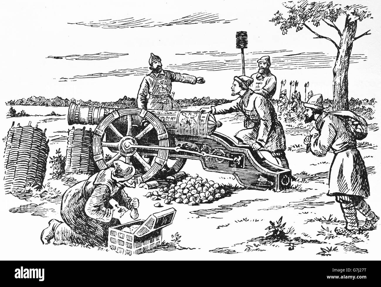 L'artillerie médiévale, illustration de livre soviétique datée 1953 Banque D'Images