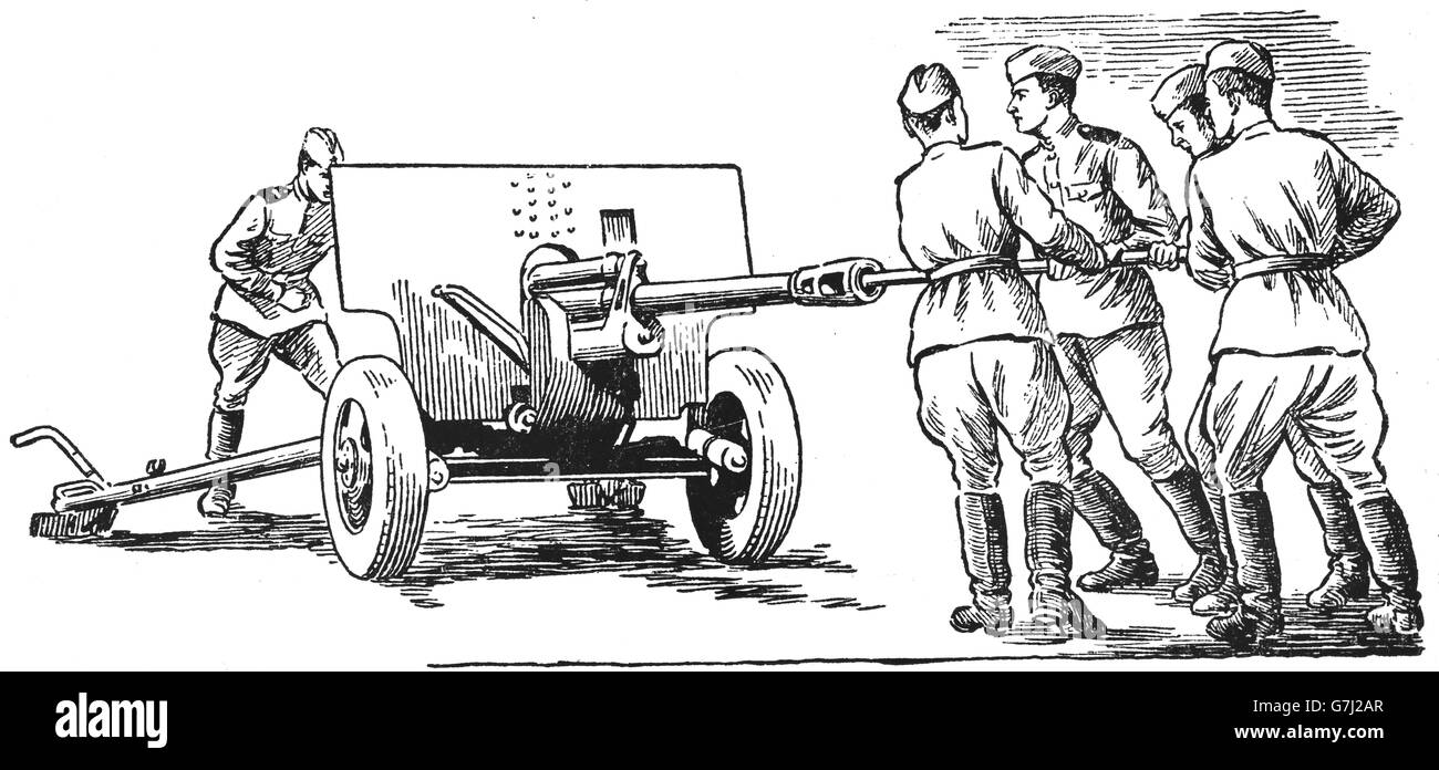 L'artillerie de la DEUXIÈME GUERRE MONDIALE, L'illustration de livre soviétique datée 1953 Banque D'Images