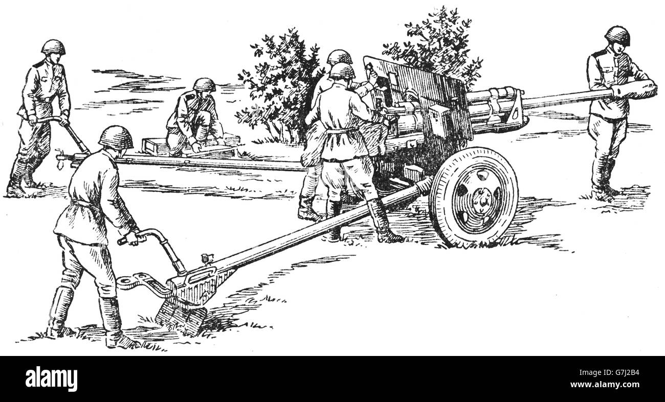 L'artillerie de la DEUXIÈME GUERRE MONDIALE, L'illustration de livre soviétique datée 1953 Banque D'Images