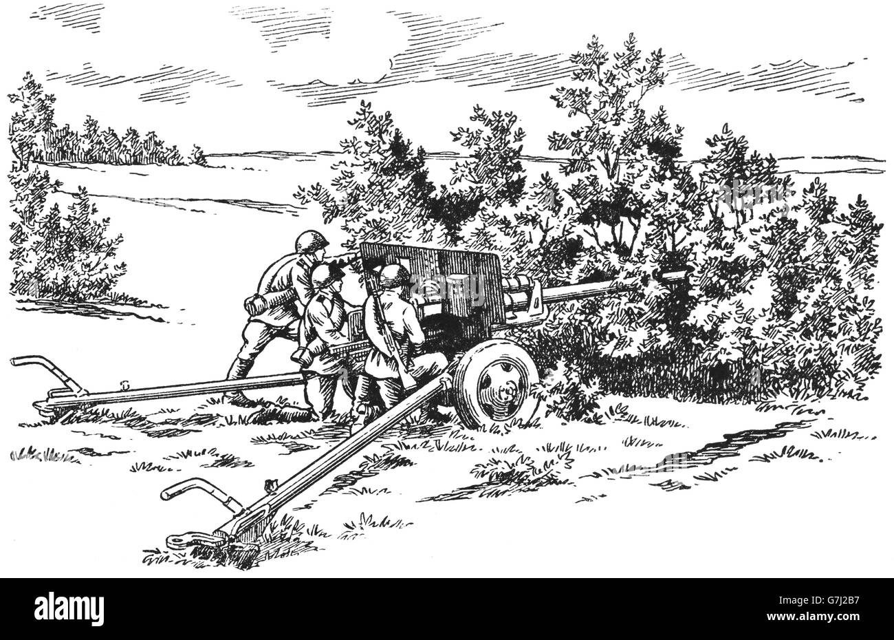 L'artillerie de la DEUXIÈME GUERRE MONDIALE, L'illustration de livre soviétique datée 1953 Banque D'Images