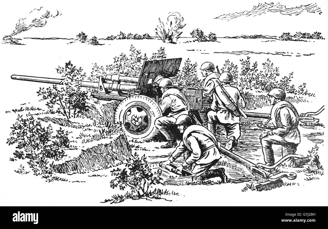 L'artillerie de la DEUXIÈME GUERRE MONDIALE, L'illustration de livre soviétique datée 1953 Banque D'Images