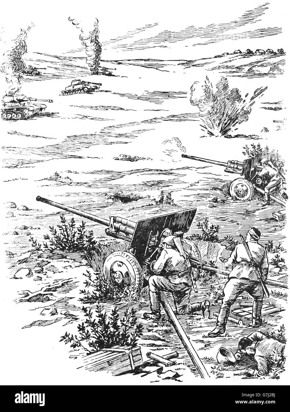 L'artillerie de la DEUXIÈME GUERRE MONDIALE, L'illustration de livre soviétique datée 1953 Banque D'Images