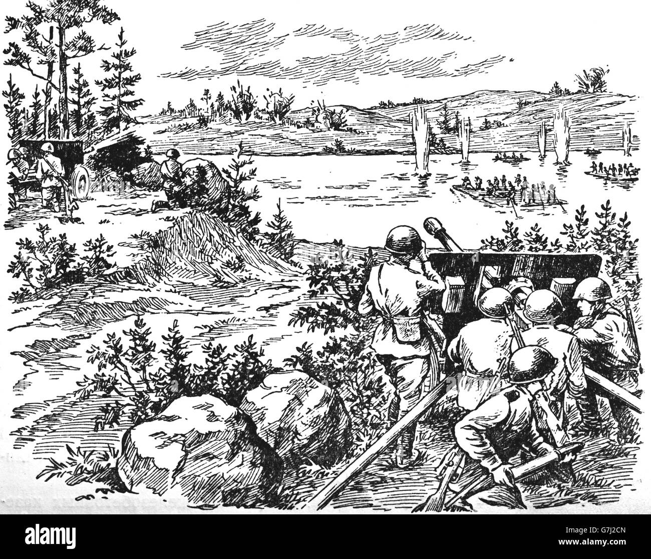 L'artillerie de la DEUXIÈME GUERRE MONDIALE, L'illustration de livre soviétique datée 1953 Banque D'Images