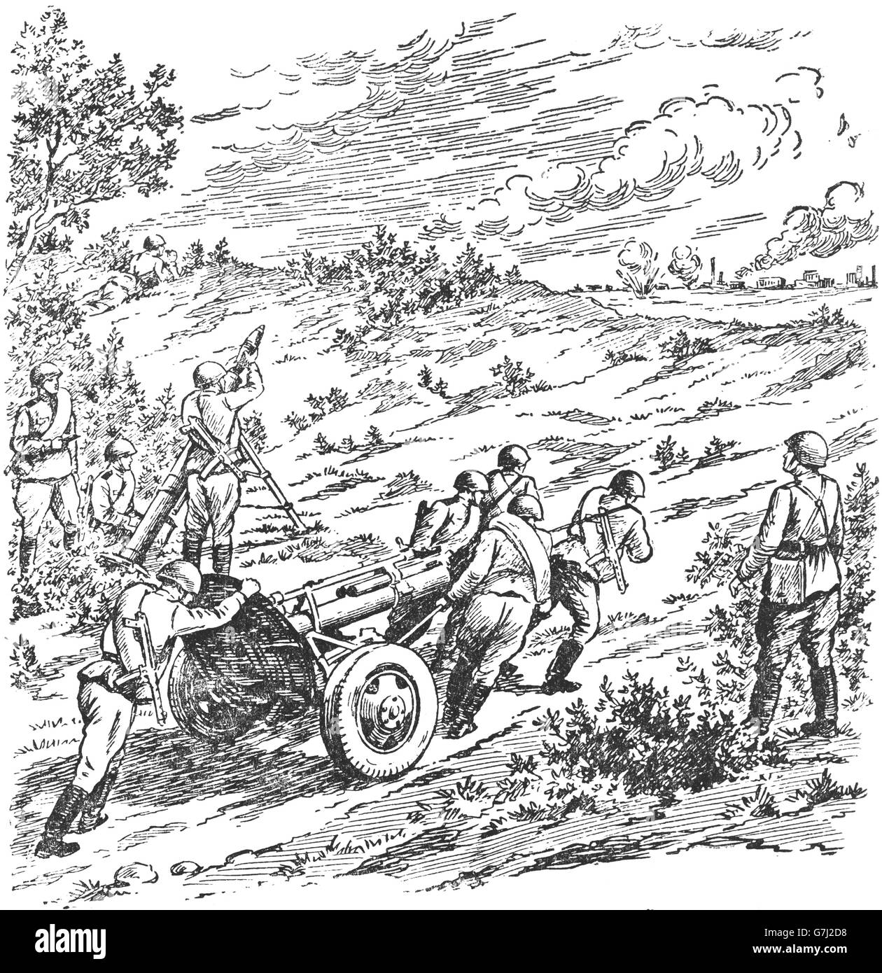 L'artillerie de la DEUXIÈME GUERRE MONDIALE, L'illustration de livre soviétique datée 1953 Banque D'Images