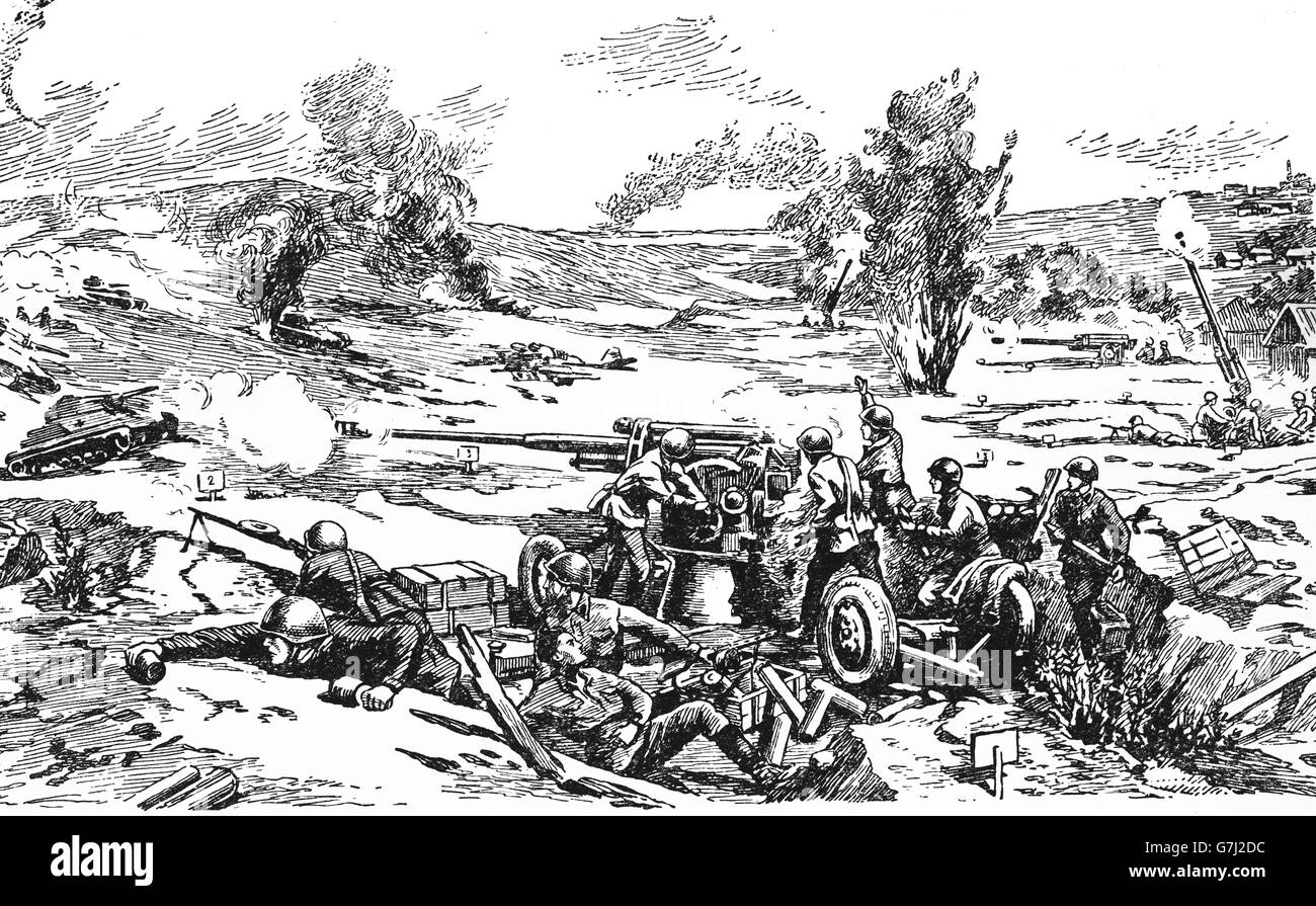 L'artillerie de la DEUXIÈME GUERRE MONDIALE, L'illustration de livre soviétique datée 1953 Banque D'Images