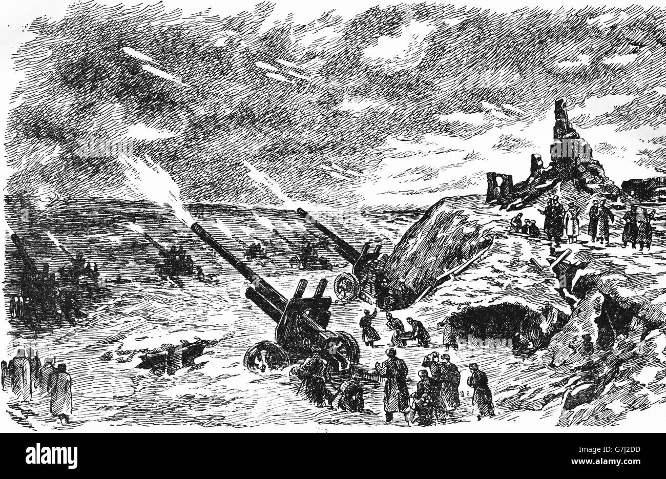 L'artillerie de la DEUXIÈME GUERRE MONDIALE, L'illustration de livre soviétique datée 1953 Banque D'Images