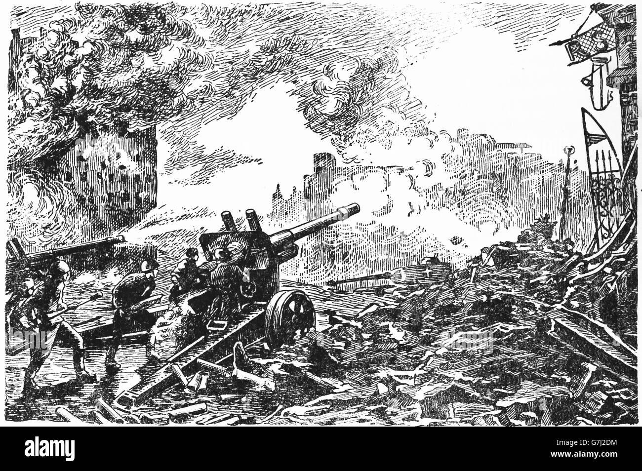 L'artillerie de la DEUXIÈME GUERRE MONDIALE, L'illustration de livre soviétique datée 1953 Banque D'Images