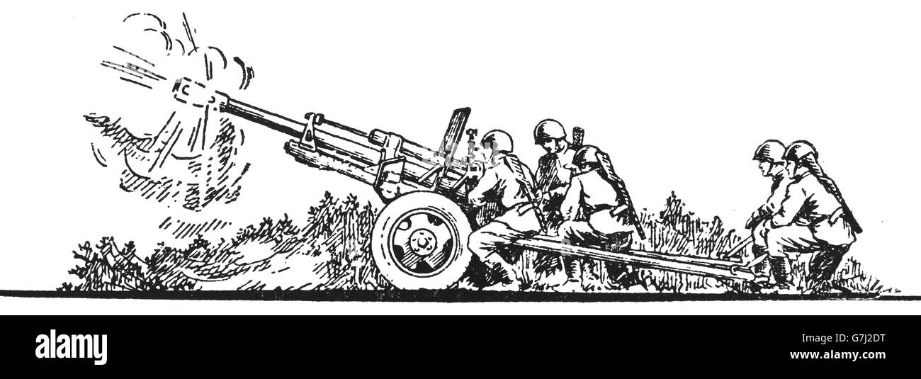 L'artillerie de la DEUXIÈME GUERRE MONDIALE, L'illustration de livre soviétique datée 1953 Banque D'Images