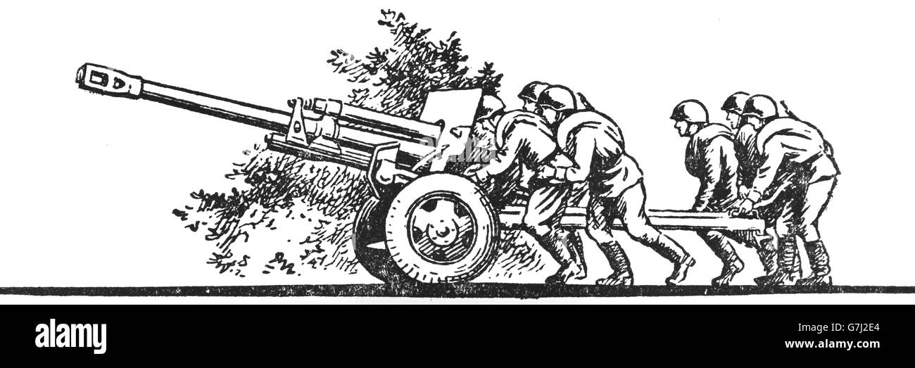 L'artillerie de la DEUXIÈME GUERRE MONDIALE, L'illustration de livre soviétique datée 1953 Banque D'Images