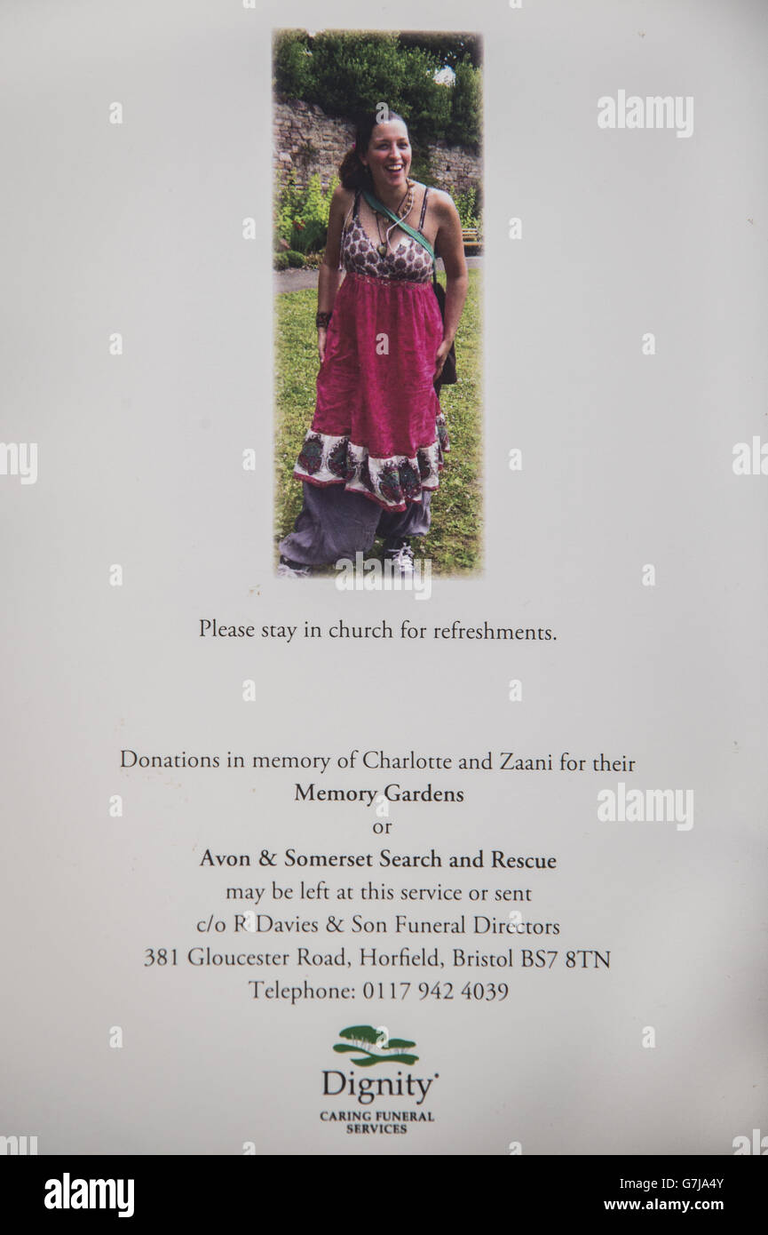 L'ordre de service pour les funérailles de la mère et de la fille, Charlotte Bevan et Zaani Tiana Bevan, qui ont été trouvés morts après avoir quitté un hôpital de maternité. Banque D'Images