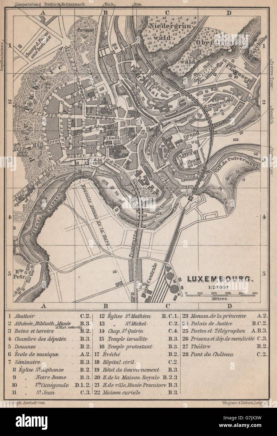Luxembourg Luxembourg ville antique plan de ville carte. Carte antique BAEDEKER, 1897 Banque D'Images