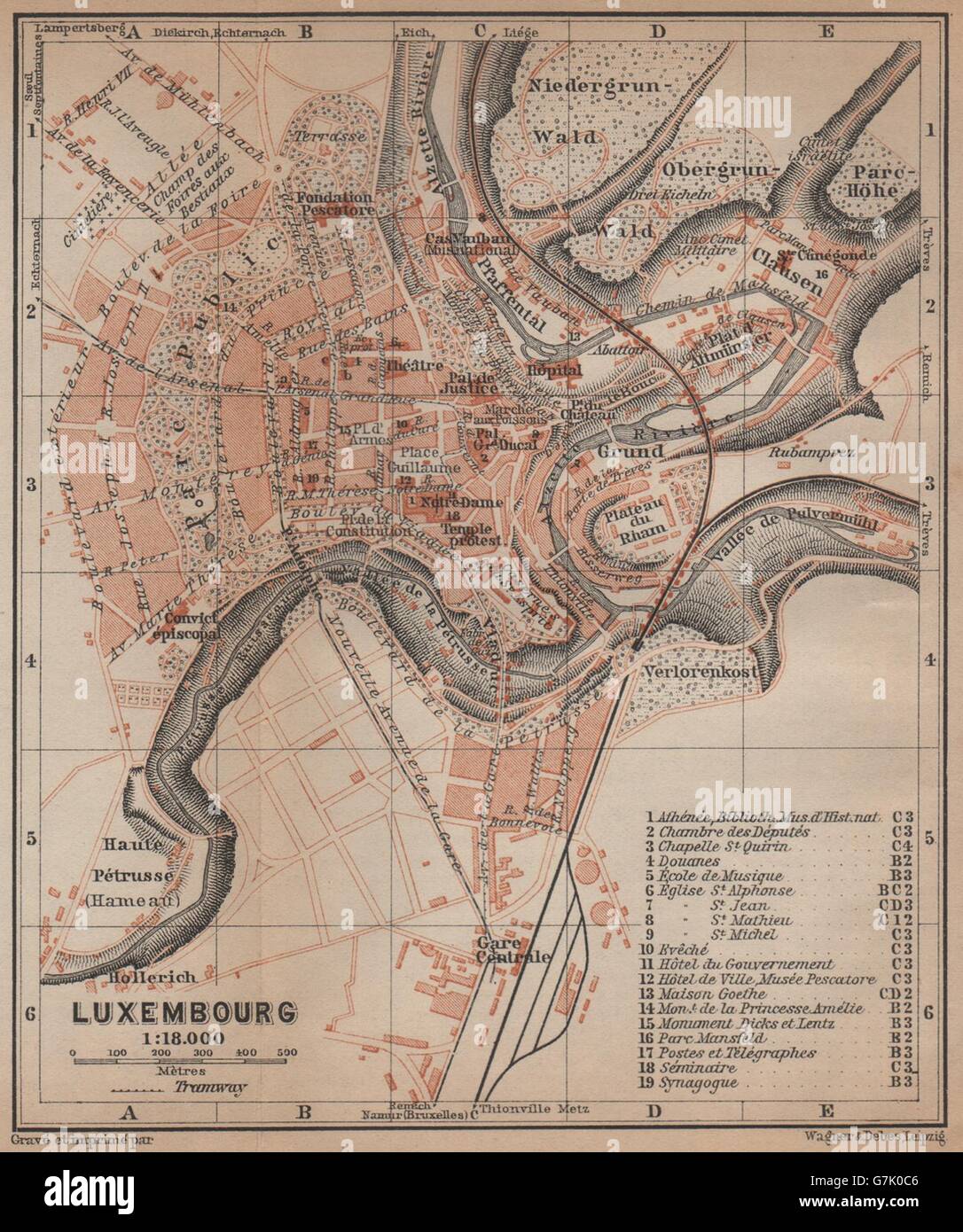 Luxembourg Luxembourg ville antique plan de ville carte. 1905 BAEDEKER, carte antique Banque D'Images