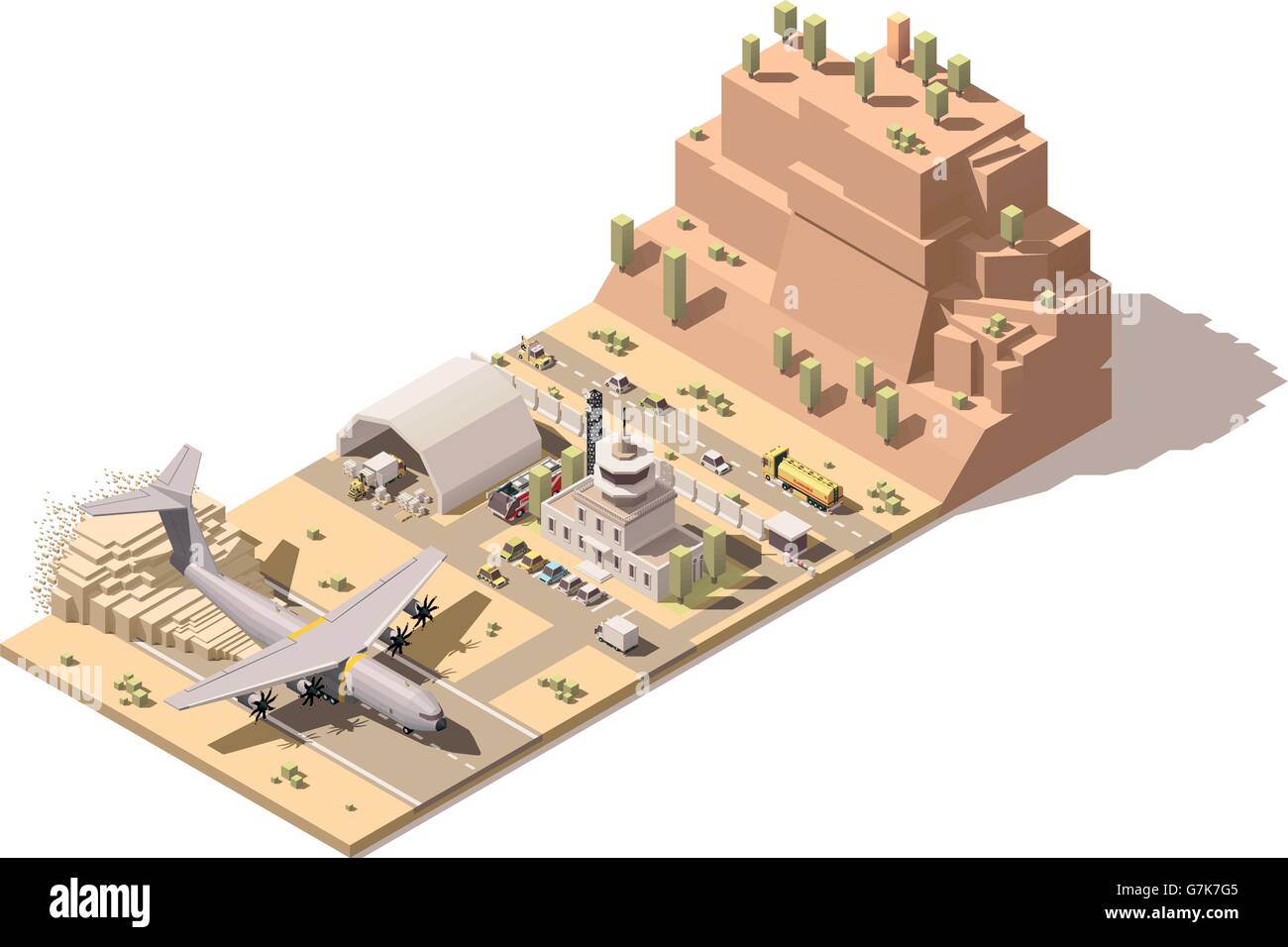 Faible isométrique vectoriel désert poly'aérogare et la tour de contrôle avec l'avion cargo humanitaire sur la piste d'atterrissage de la poussière, des camions chariots élévateurs de cases par in hangar Illustration de Vecteur